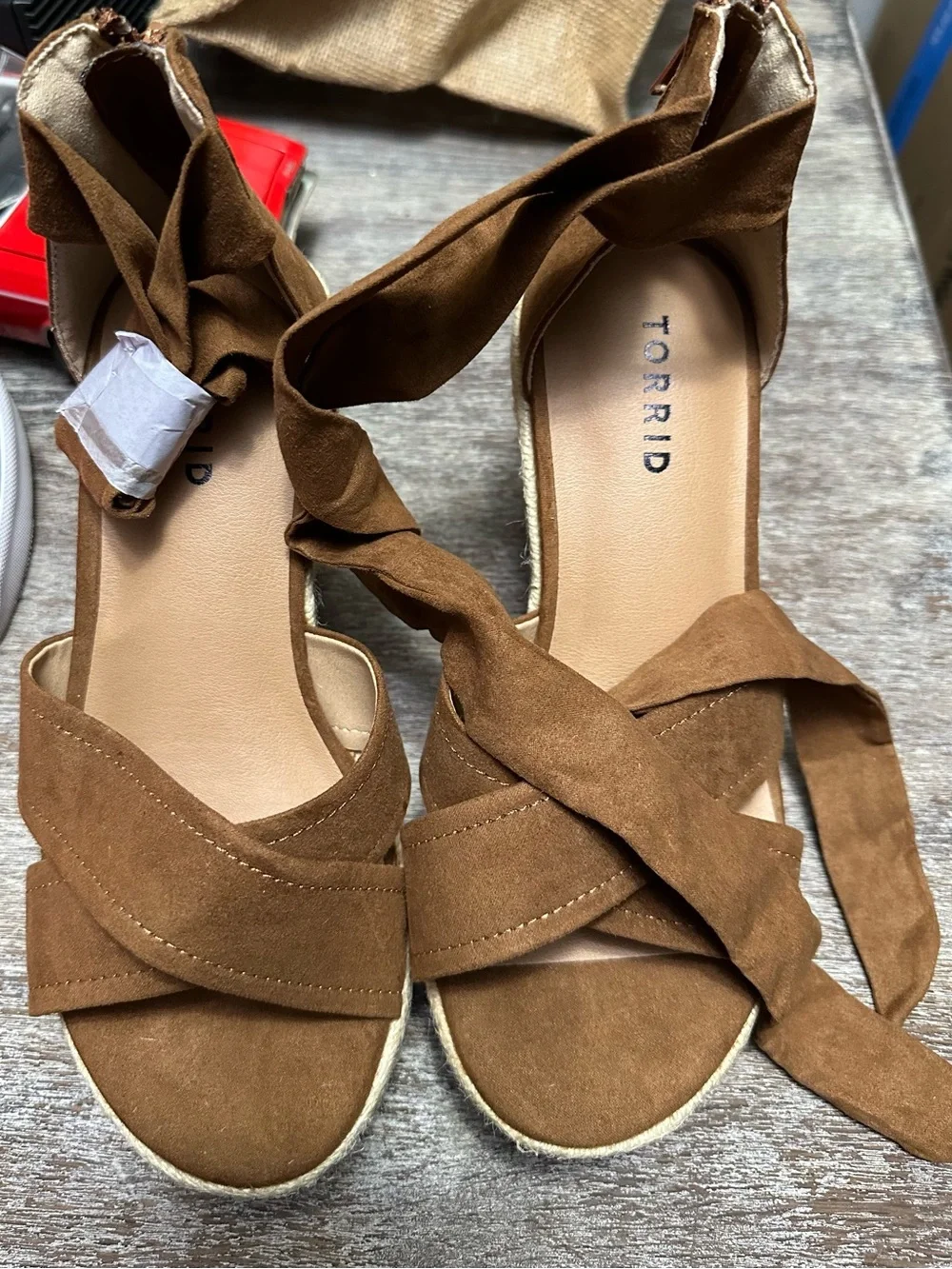torrid NWOT Brown Suede Espadrille Wedge Sandals with Ankle Wrap